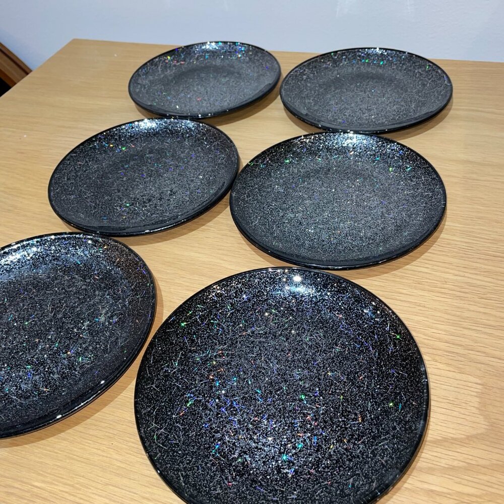 Crate&Barrel Glitter Appetizer Black 6 inch Dessert Plates, Set of 6, BRAND NEW